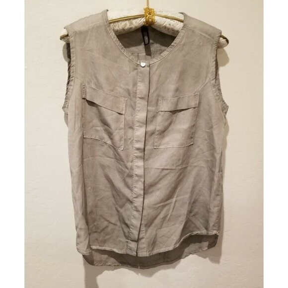 ONZ Women Gray Hidden Button Down Blouse Top Large Sleeveless Lightweight Pocket - Picture 1 of 7
